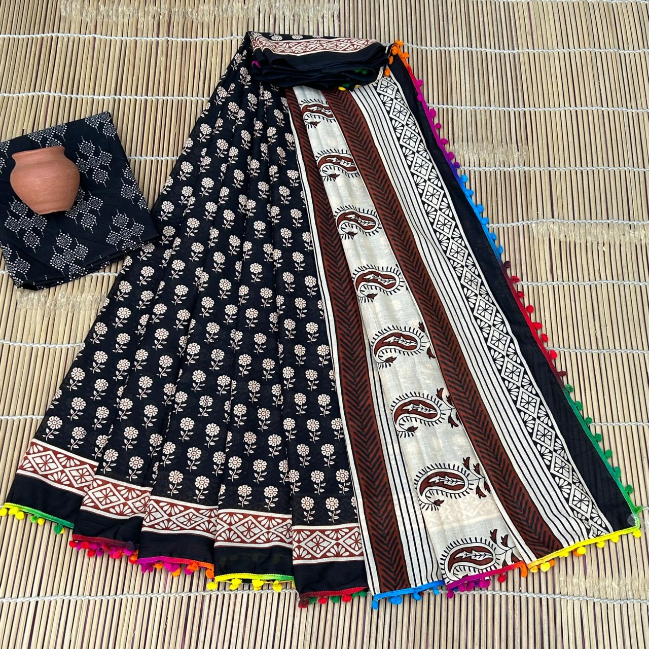 Black Bagru Print Cotton Mulmul Sarees with Blouse