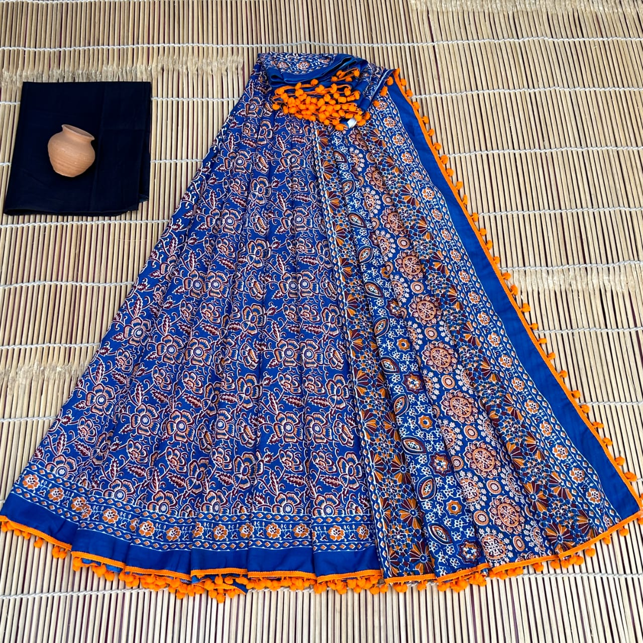 Light Blue Bagru Print Cotton Mulmul Sarees with Blouse