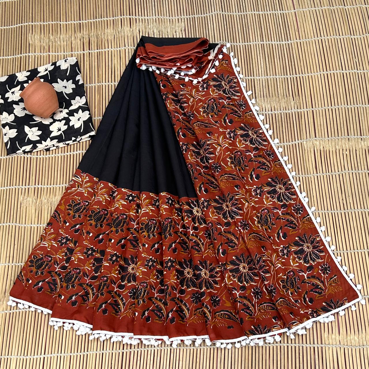 Black & Brown Bagru Print Cotton Mulmul Sarees with Blouse