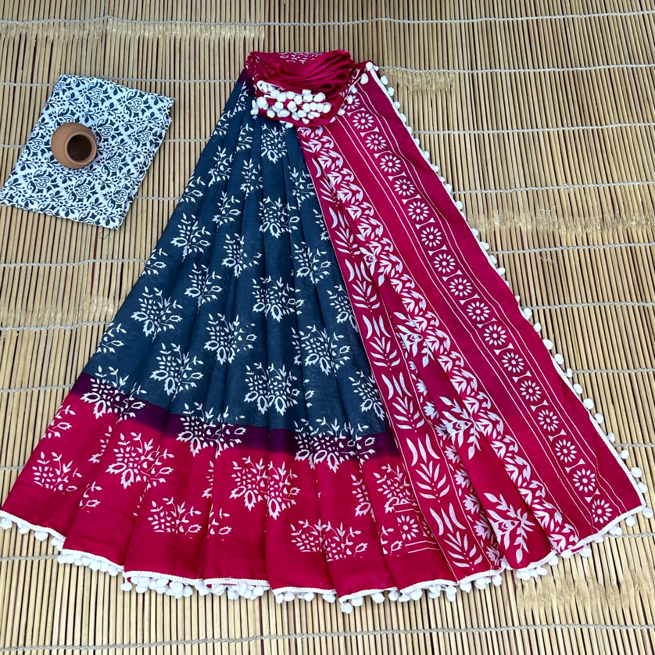Pink & Blue Bagru Print Cotton Mulmul Sarees with Blouse