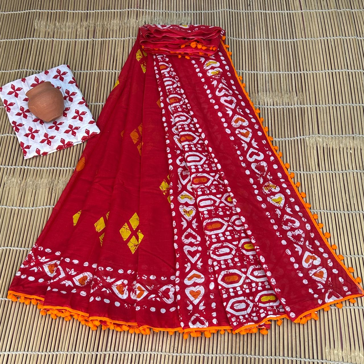 Red and White Bagru Print Cotton Mulmul Sarees with Blouse