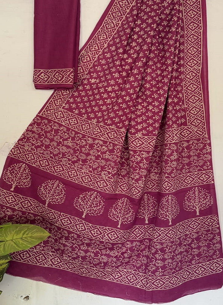 Pink Bagru Handblock Print Mulmul Cotton Saree with Blouse