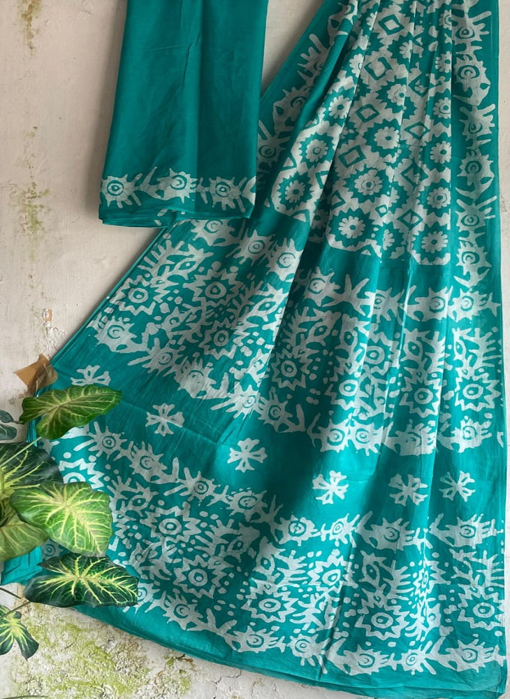 Green Bagru Handblock Print Mulmul Cotton Saree with Blouse