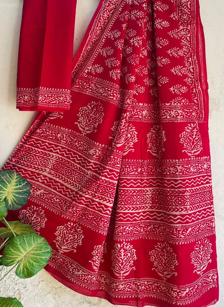 Red Bagru Handblock Print Mulmul Cotton Saree with Blouse
