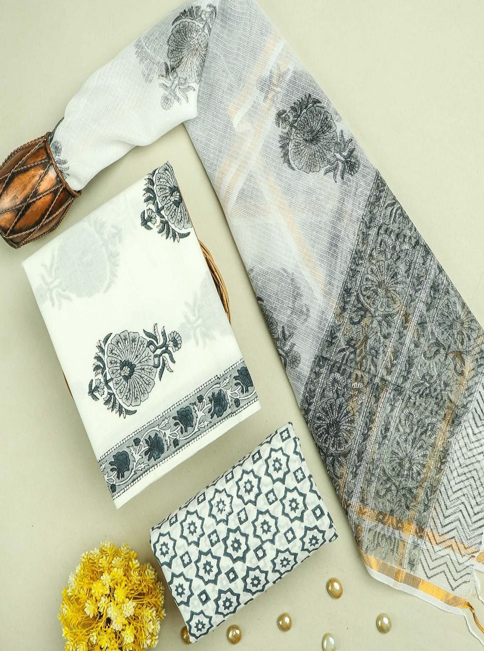 White with Blue Print Cotton Suits with Kota Doria Dupatta