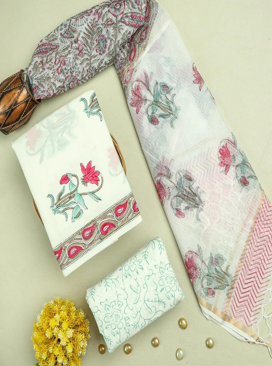 White with Pink Flower Print Cotton Suits with Kota Doria Dupatta