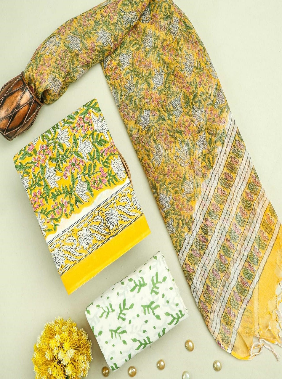 Light Yellow Cotton Suits with Kota Doria Dupatta