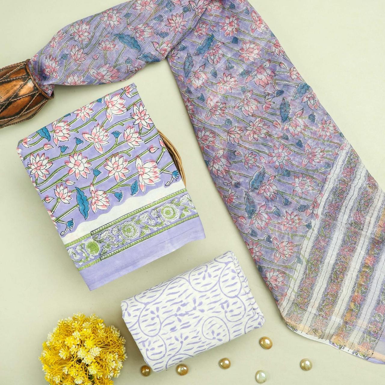 Purple Cotton Suits with Kota Doria Dupatta