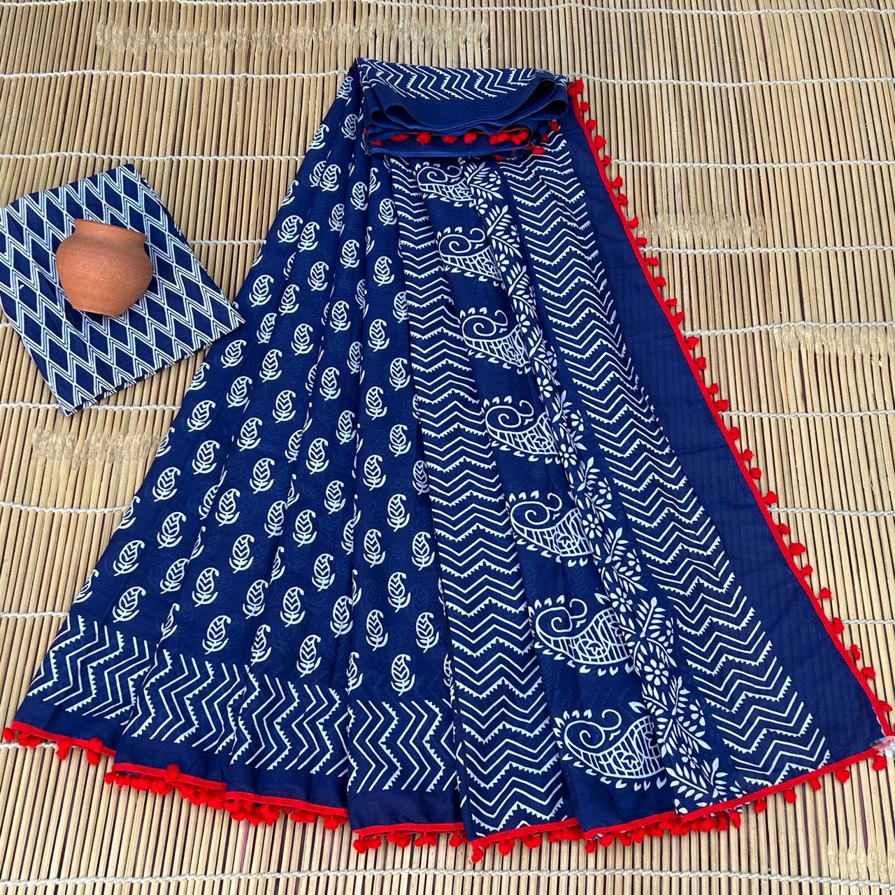 Blue Bagru Print Cotton Mulmul Sarees with Blouse