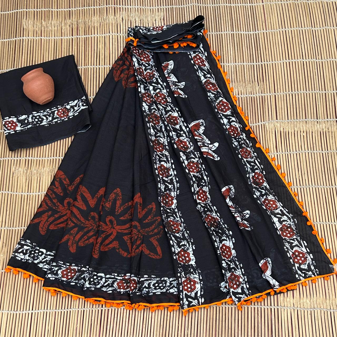 Black with Maroon Print Cotton Mulmul Sarees with Blouse