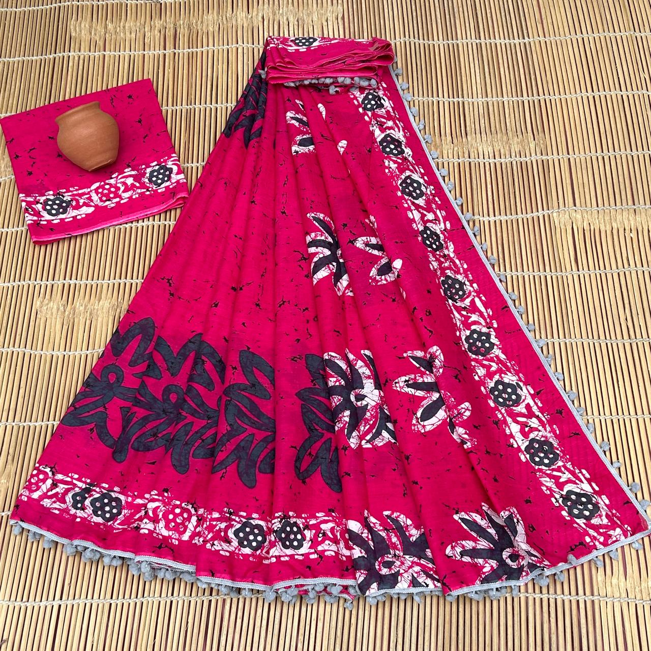 Red Bagru Print Cotton Mulmul Sarees with Blouse
