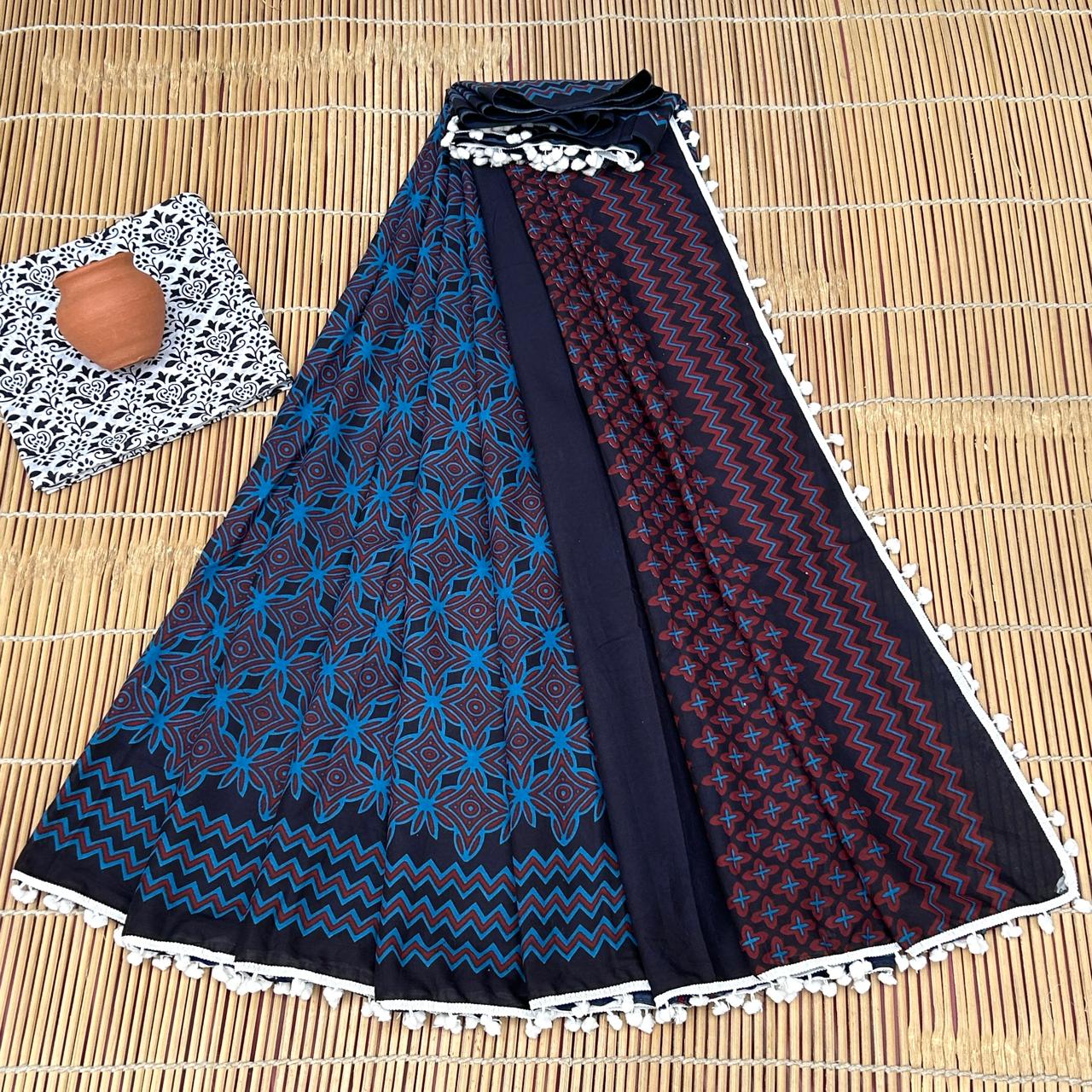 Navy Blue Bagru Print Cotton Mulmul Sarees with Blouse