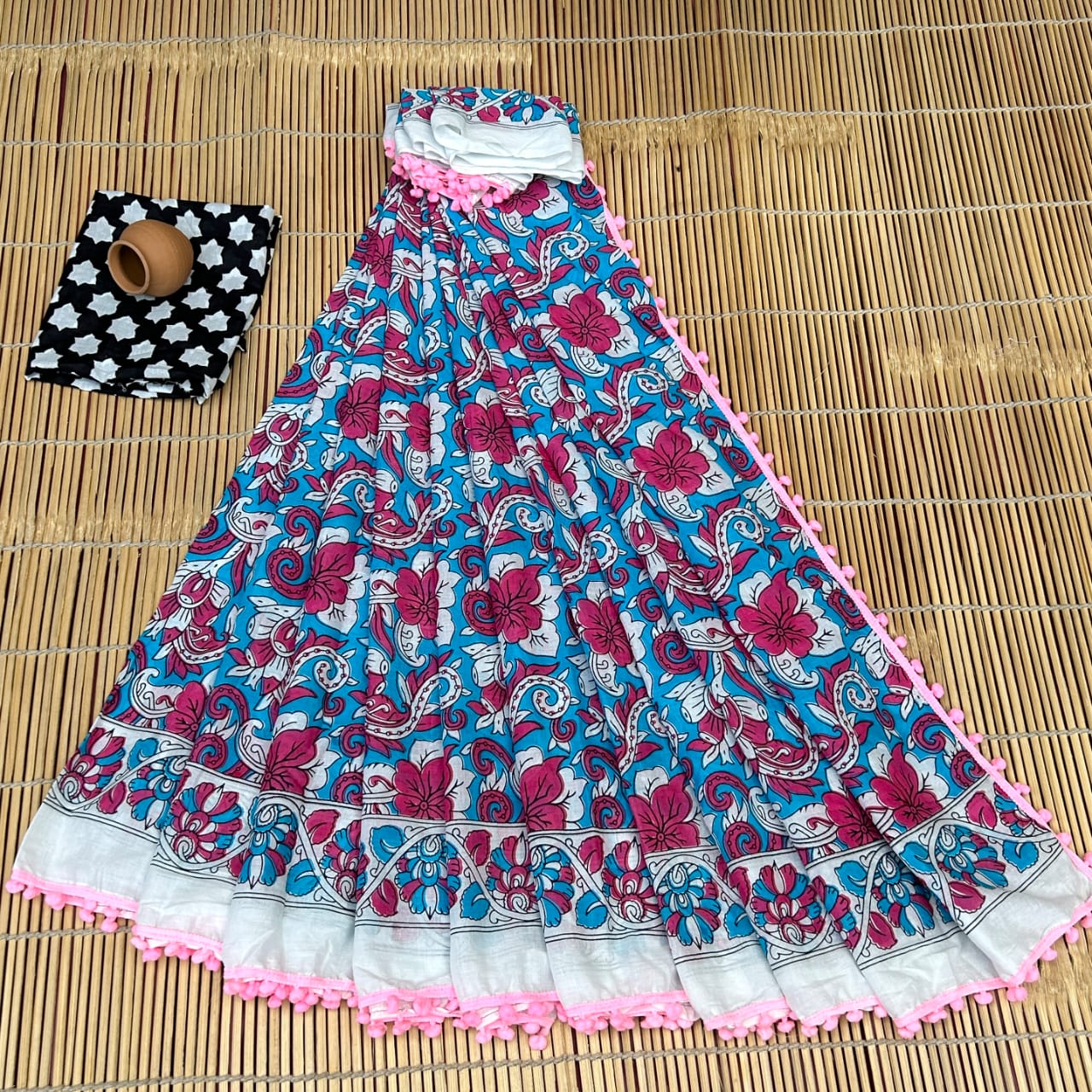 Blue with Pink Floral Bagru Print Cotton Mulmul Sarees with Blouse