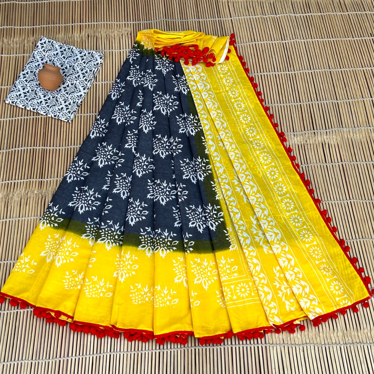 Yellow with Navy Blue Bagru Print Cotton Mulmul Sarees with Blouse