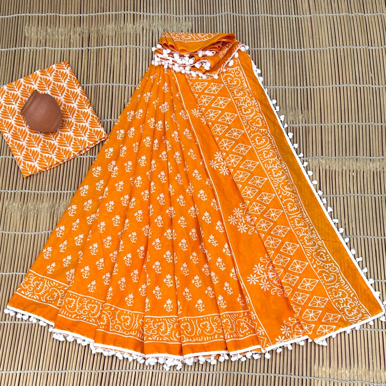 Orange Bagru Print Cotton Mulmul Sarees with Blouse