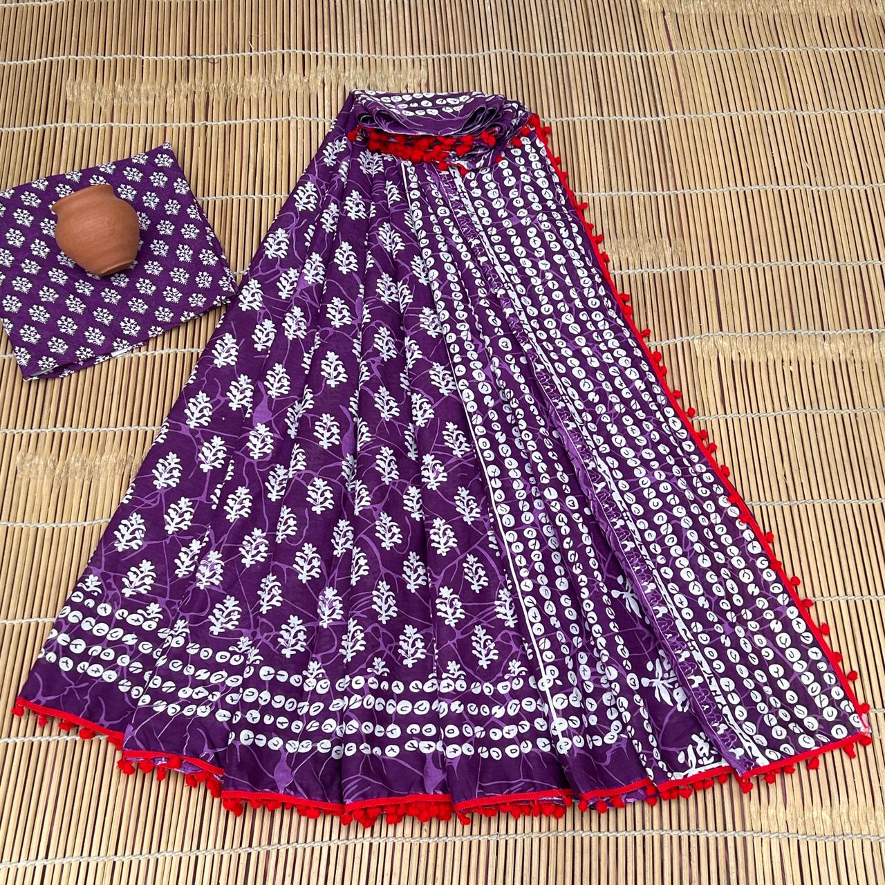 Purple Bagru Print Cotton Mulmul Sarees with Blouse