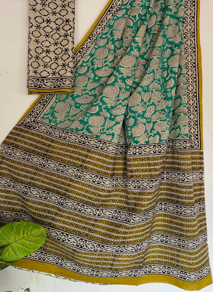 Green Bagru Handblock Print Mulmul Cotton Saree with Blouse