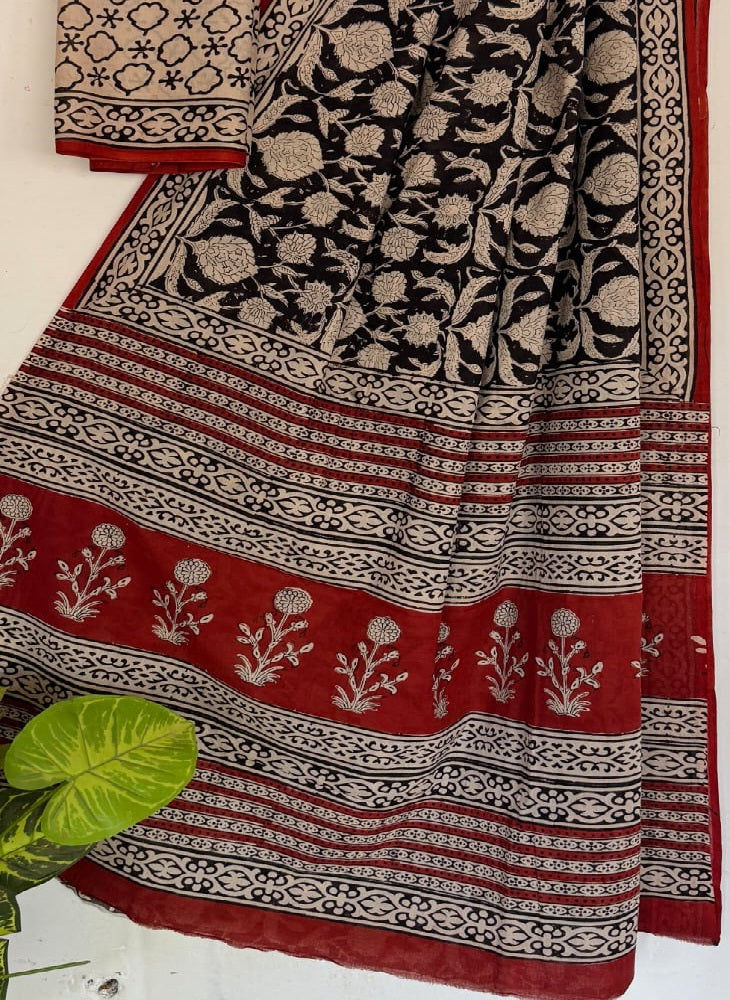 Maroon Bagru Handblock Print Mulmul Cotton Saree with Blouse