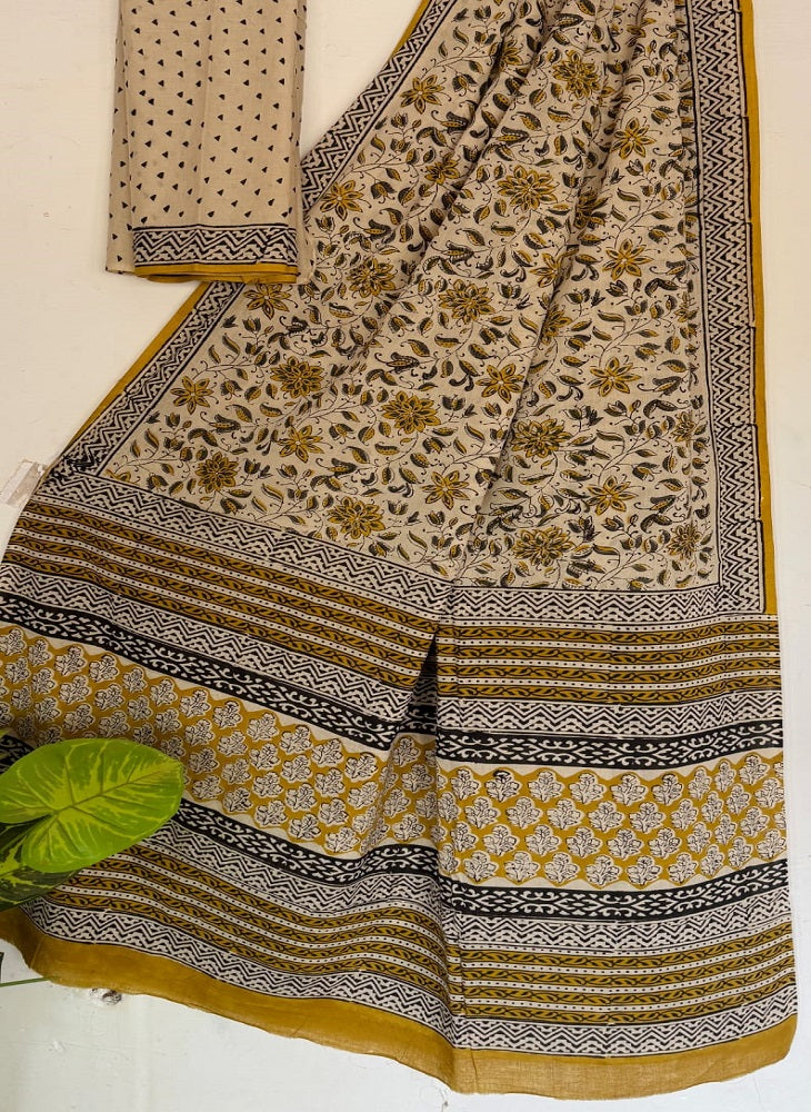 Brown Bagru Handblock Print Mulmul Cotton Saree with Blouse