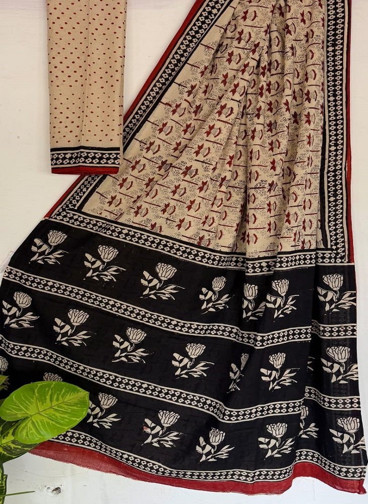 Brown & Black Bagru Handblock Print Mulmul Cotton Saree with Blouse