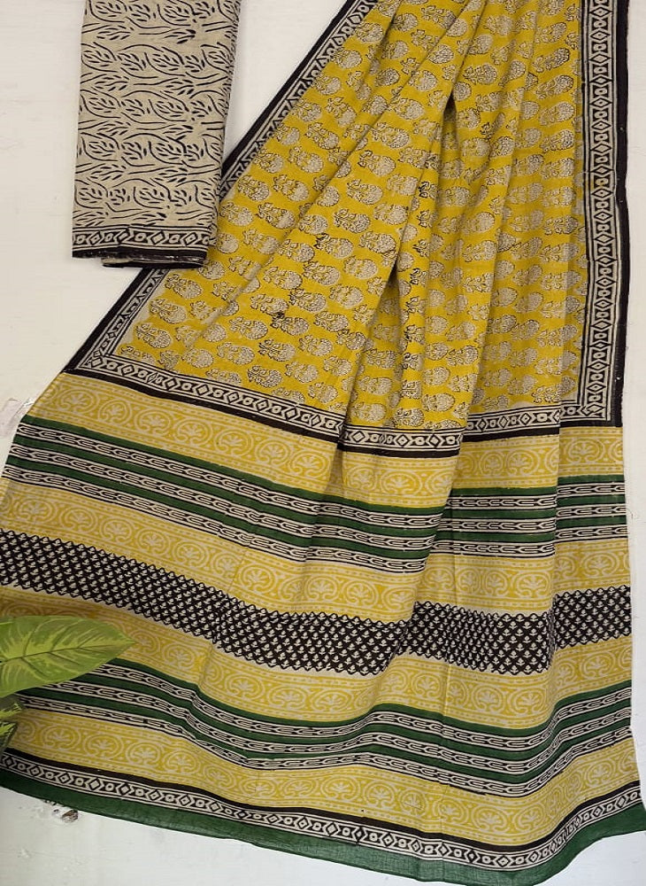 Yellow Bagru Handblock Print Mulmul Cotton Saree with Blouse