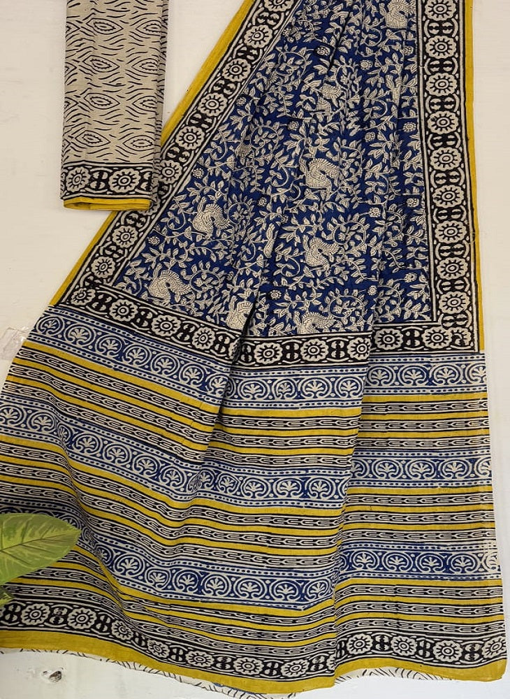 Blue Bagru Handblock Print Mulmul Cotton Saree with Blouse
