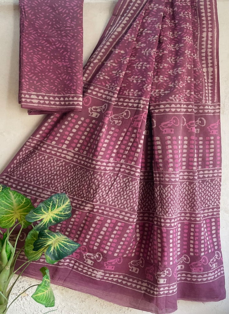 Light Pink Bagru Handblock Print Mulmul Cotton Saree with Blouse