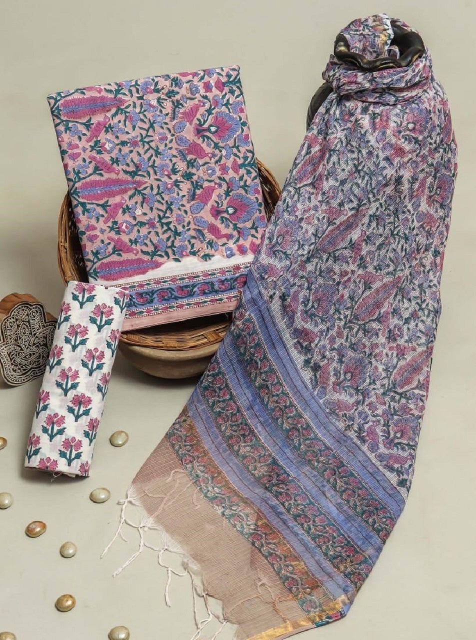Purple Floral Printed Cotton Suits with Kota Doria Dupatta