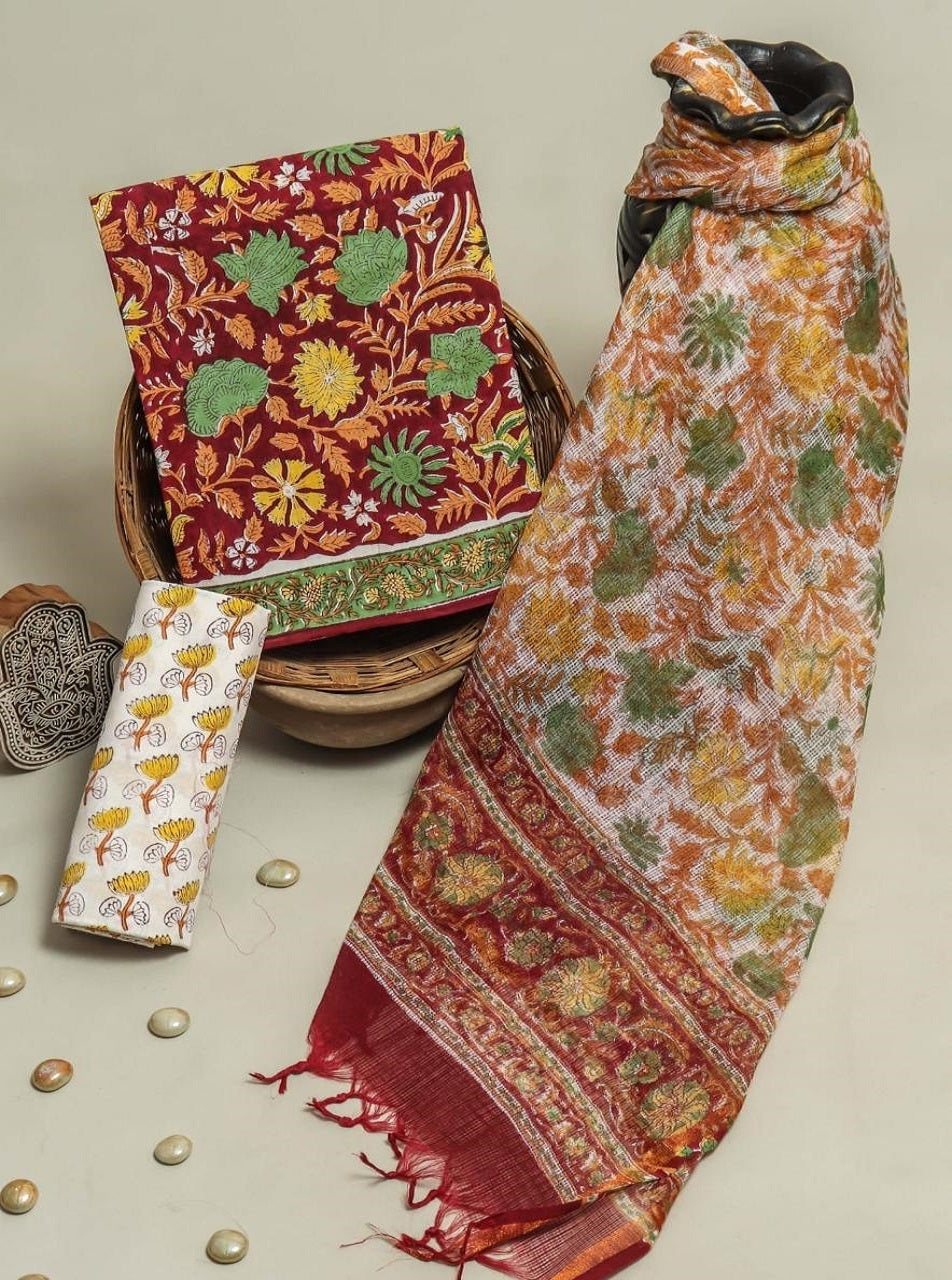 Multicolour Cotton Suits with Kota Doria Dupatta
