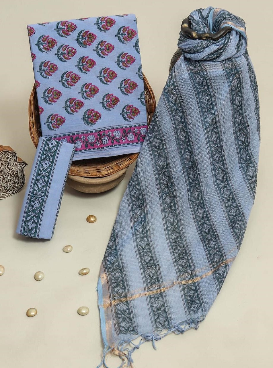 Blue Printed Cotton Suits with Kota Doria Dupatta