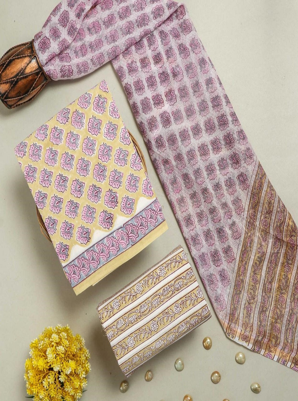 Purple Floral Print Cotton Suits with Kota Doria Dupatta