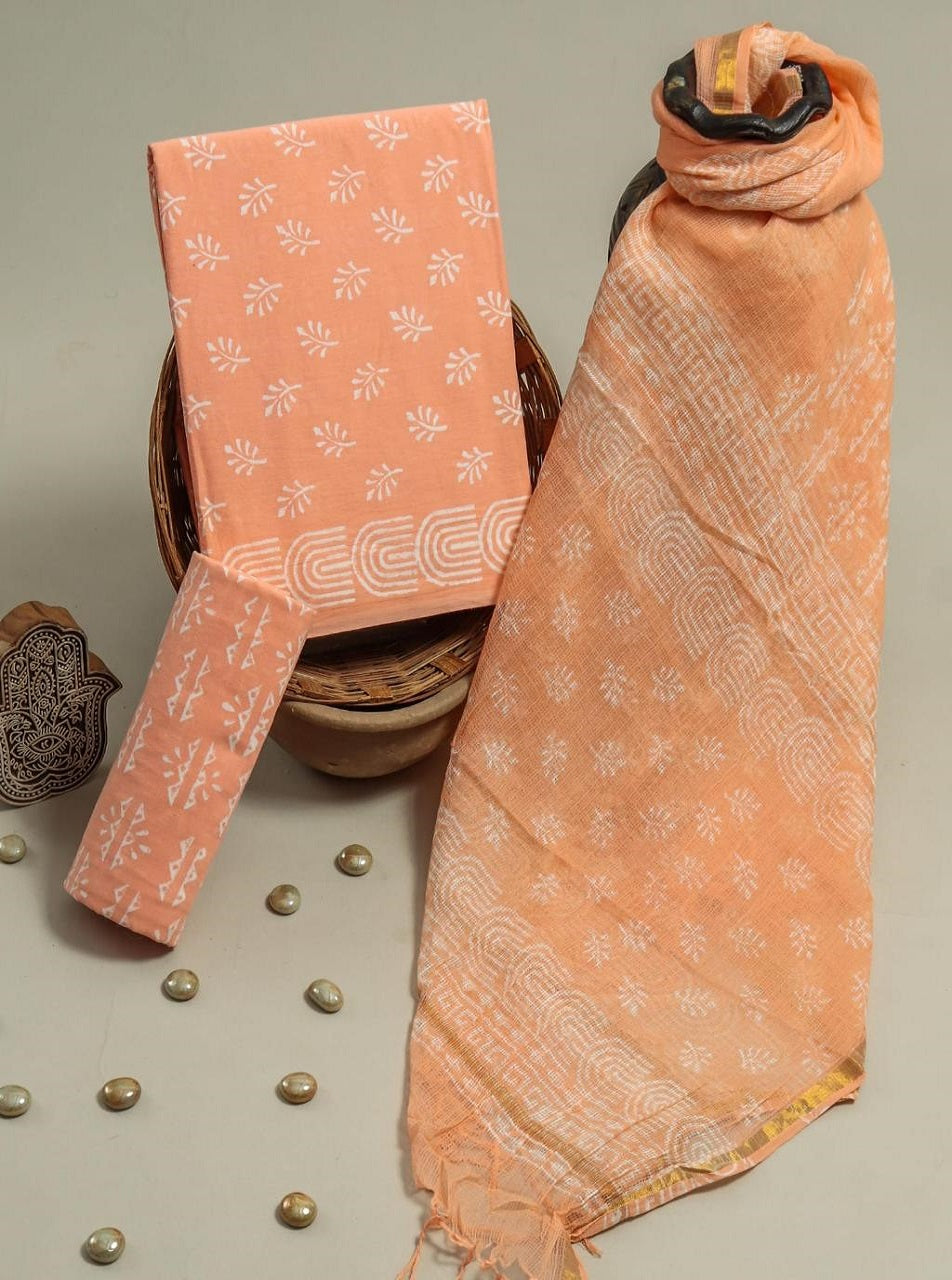 Peach Cotton Suits with Kota Doria Dupatta