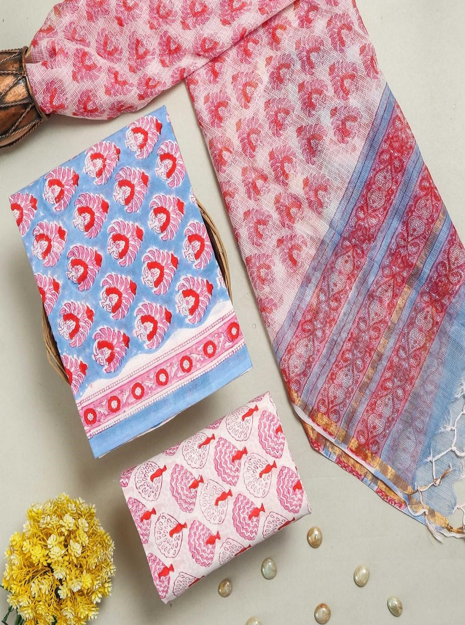 Pink and White Cotton Suits with Kota Doria Dupatta
