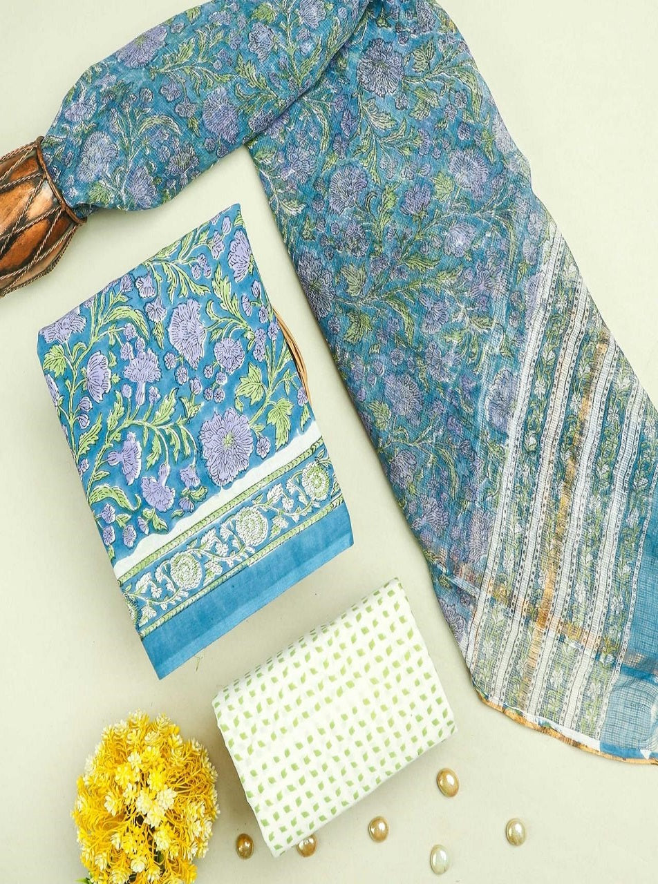 Green and Grey Cotton Suits with Kota Doria Dupatta